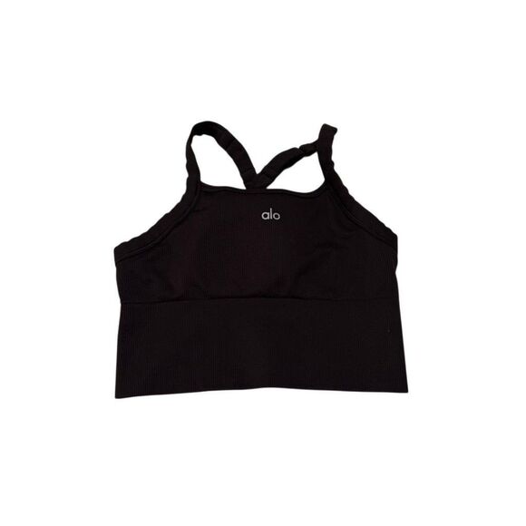 Alo Yoga Seamless Ribbed Favorite Bra Tank Top Racerback Black Logo Medium - Picture 1 of 5